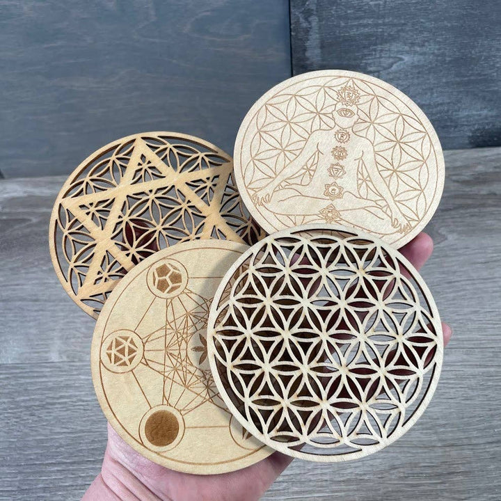 Wood Crystal Grid Plate - Sacred Display for Crystals