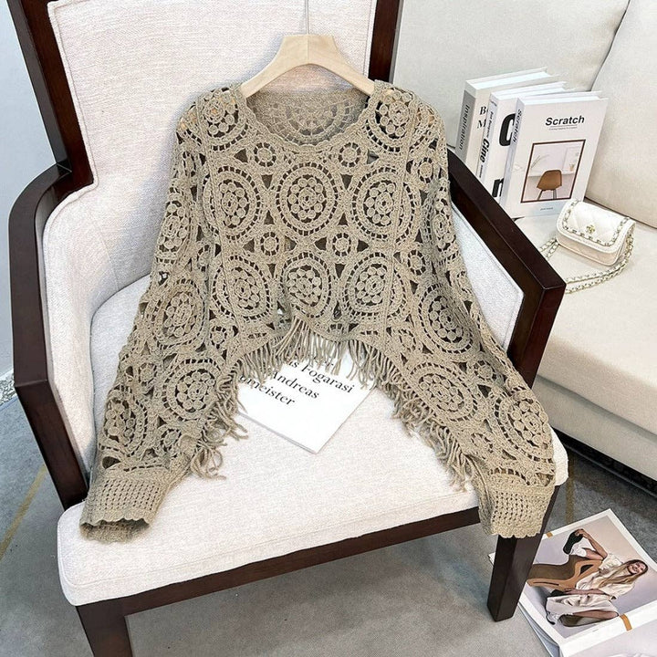 Vintage Hollow Knit Batwing Sweater with open knit coastal boho flowy style