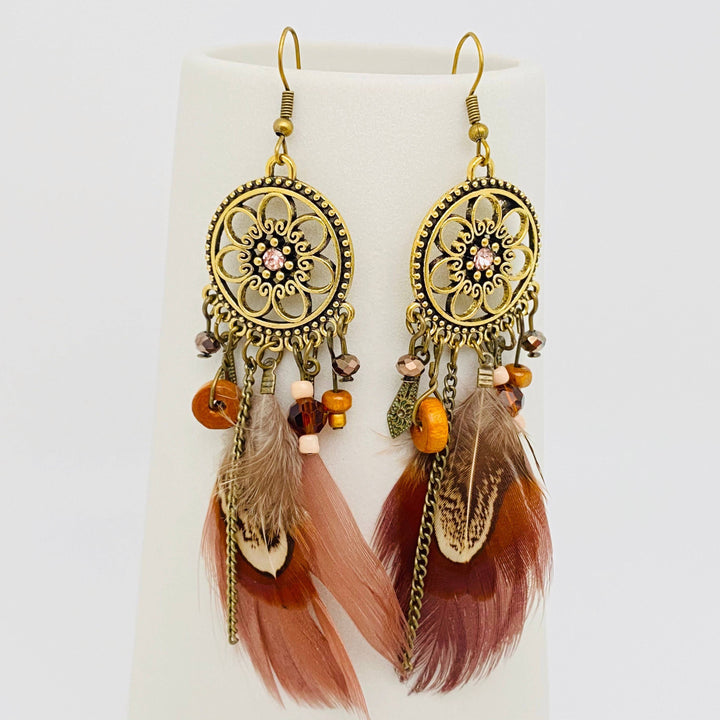 Bohemian vintage flower-shaped feather earrings handcrafted for the free-spirited coastal soul