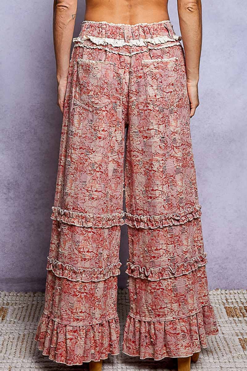 Vintage Distressed Plaid Ruffle Hem High Rise Wide Leg Pants