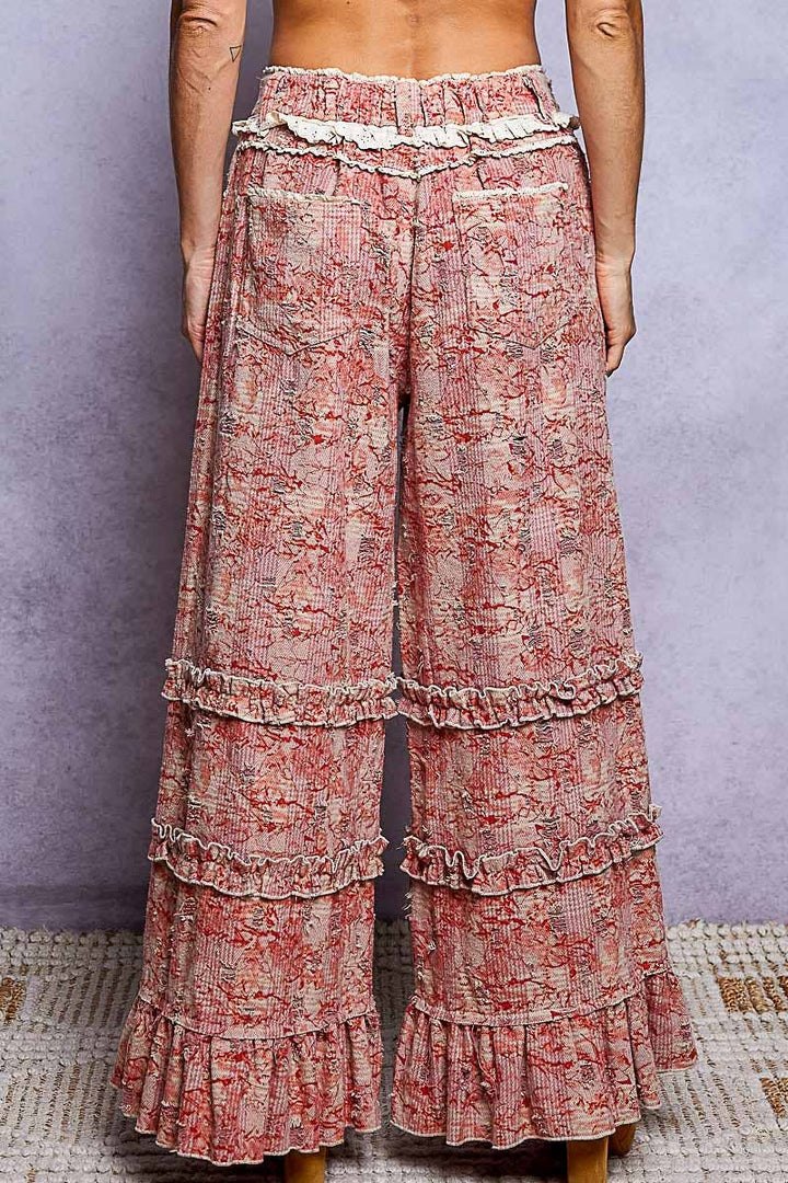 Vintage Distressed Plaid Ruffle Hem High Rise Wide Leg Pants