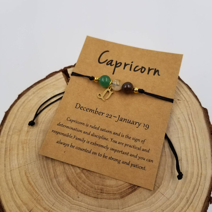 Chakra Zodiac Bracelet with charm and card featuring constellation and gemstone beads