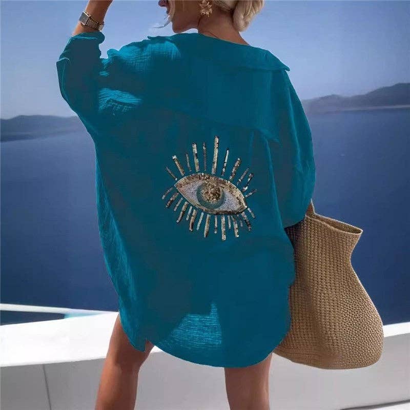 Evil Eye Solid Color Collar Long Sleeve Blouse for coastal boho style