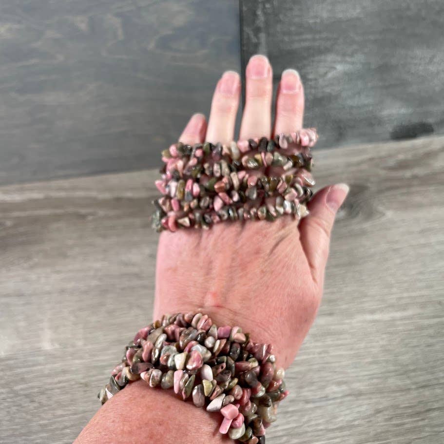 Healing Crystal Chip Bracelets with amethyst and rose quartz for coastal boho style
