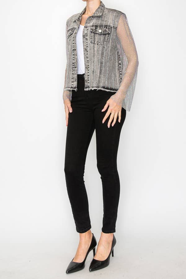Denim Jacket With Sparkly Details &amp; Net Mesh Sleeves
