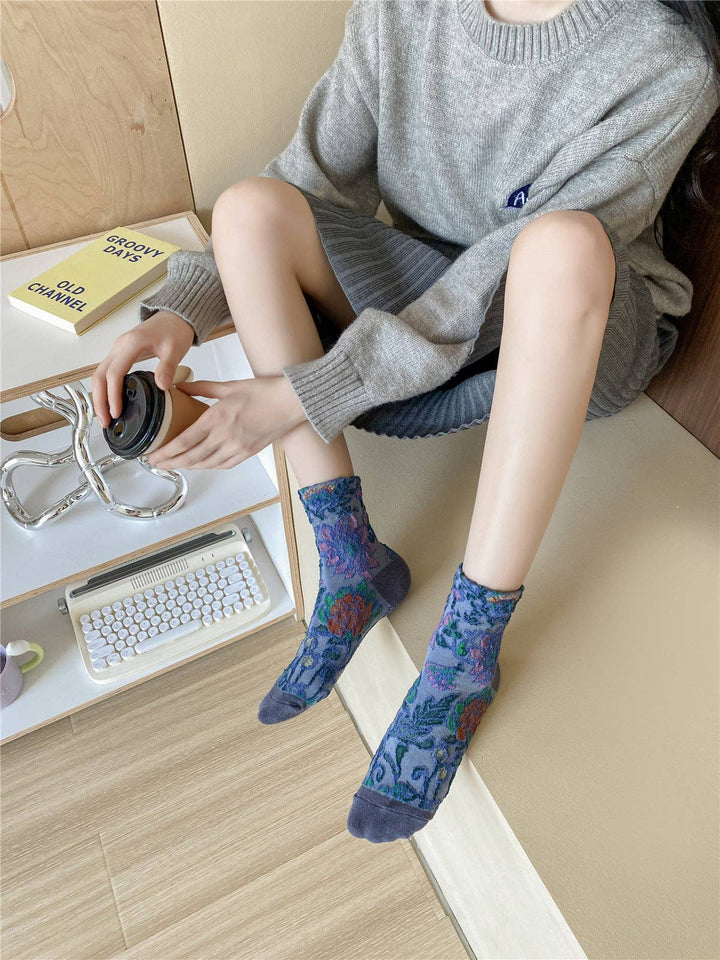Retro Flower Pattern Mid-Calf Socks 5-Pack with boho vintage floral coastal style