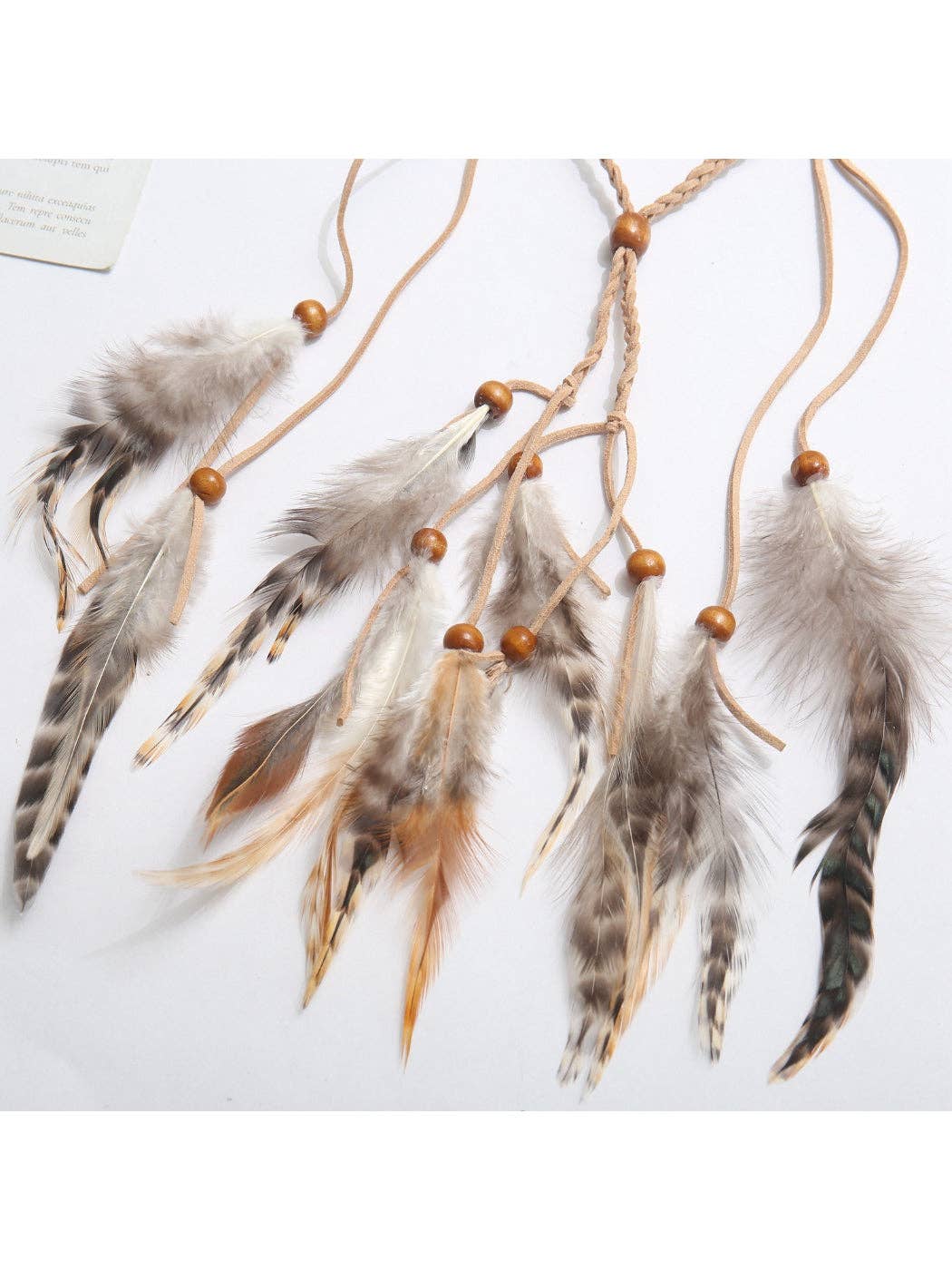 Boho Soft Feather Drop Hair Headpiece with beige faux feathers for coastal festival brides