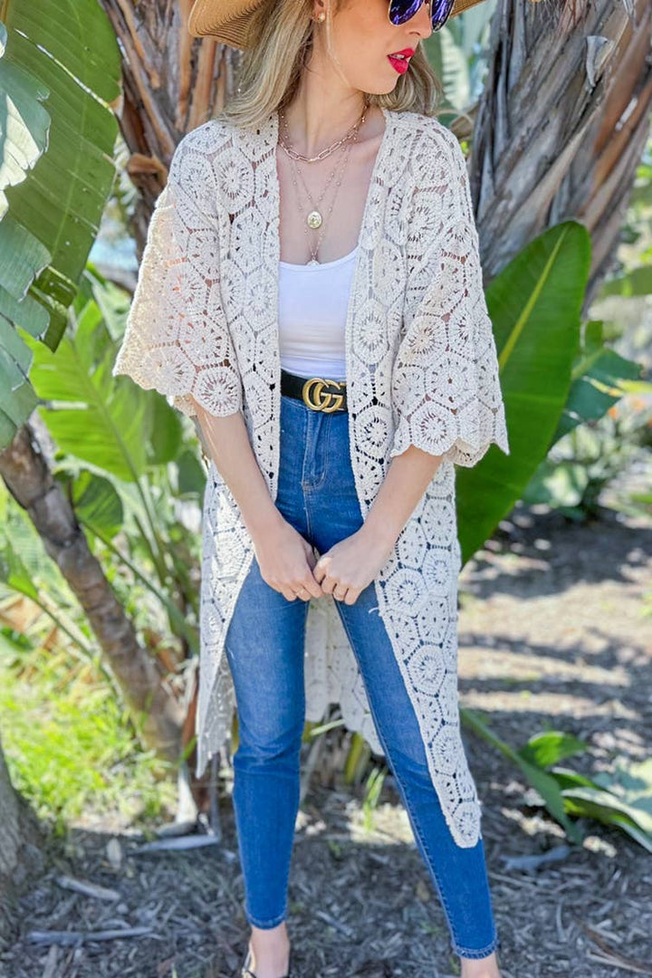 Ivory Hexagon Crochet Maxi Kimono with scalloped edges for breezy coastal boho style
