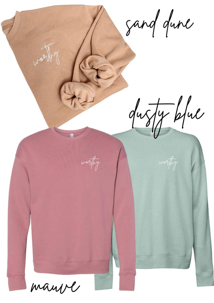 Worthy Embroidered Sweatshirt relaxed unisex boho coastal spiritual affirmation apparel