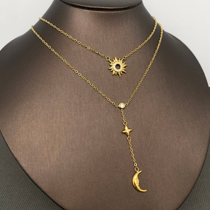 Sun Moon Star 18K Golden SS Double Chain Necklace