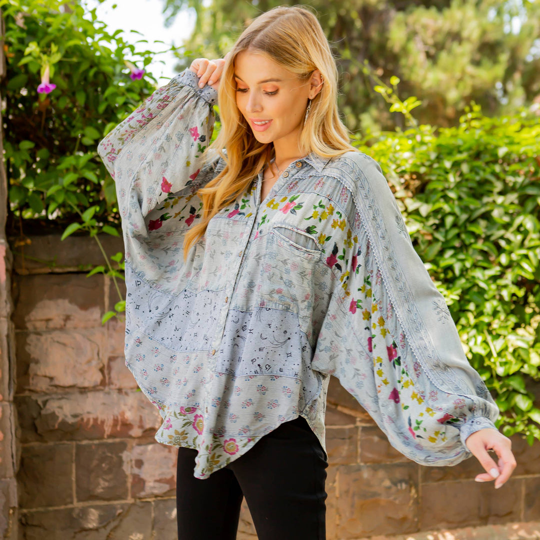 Long Sleeve Patchwork, Zodiac &amp; Constellation Design Top