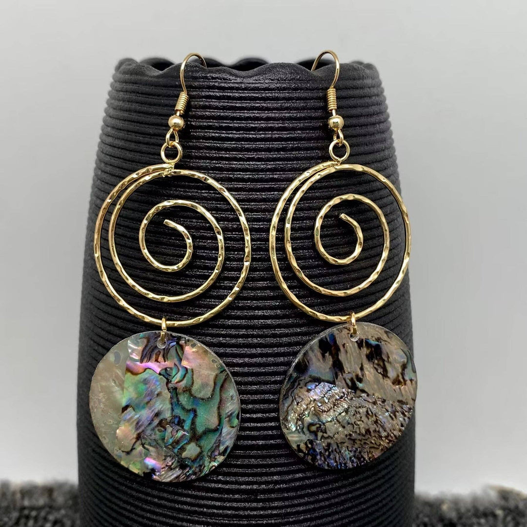 Round Abalone Shell Gold-plated Metal Vortex Dangle Earrings