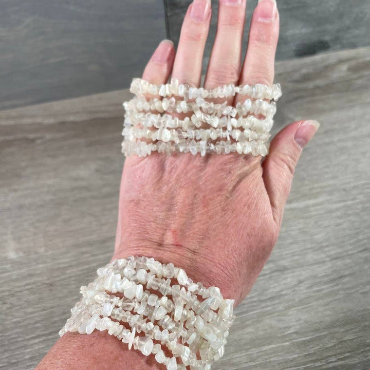 Healing Crystal Chip Bracelets with amethyst and rose quartz for boho coastal style