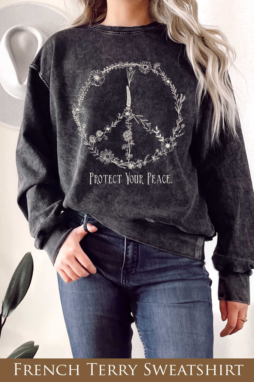 Protect Your Peace mineral wash graphic terry sweatshirt coastal boho vintage floral style