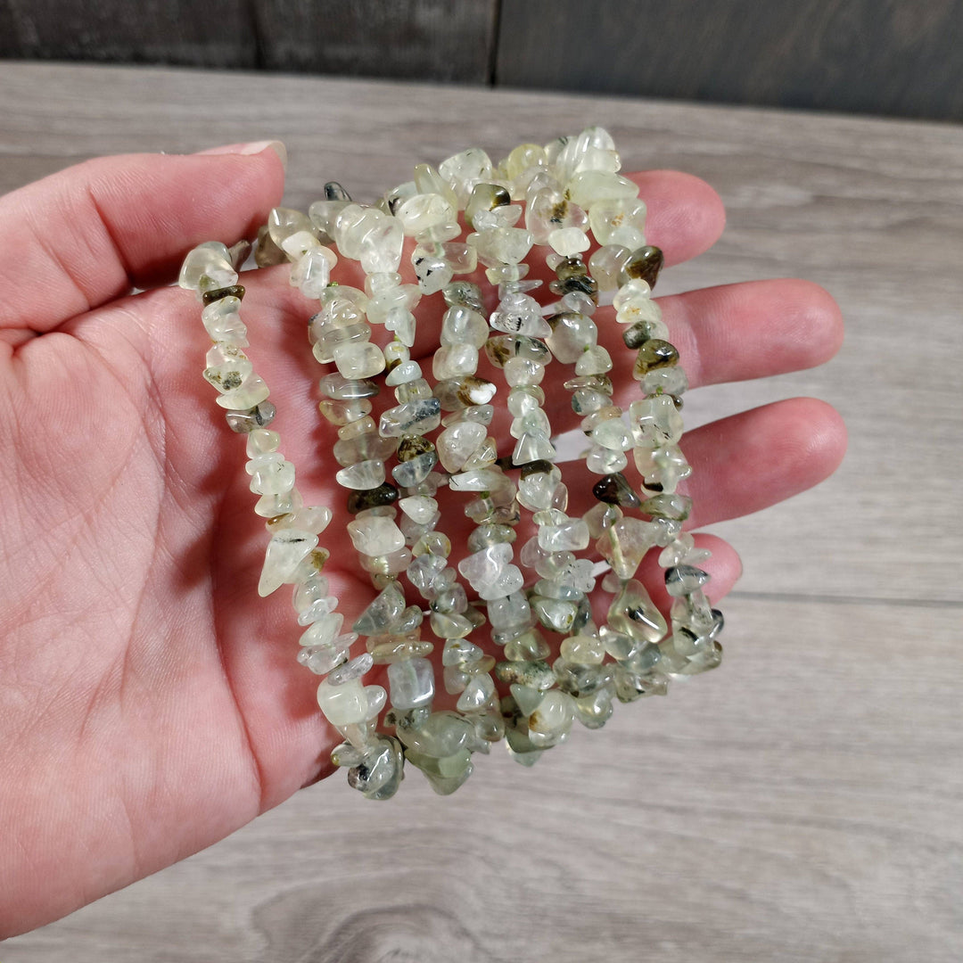Healing Crystal Chip Bracelets with rose quartz and amethyst for coastal boho style