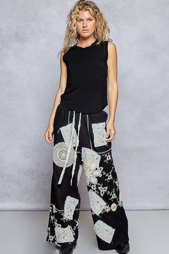 Lace Patch Detail Woven Pants