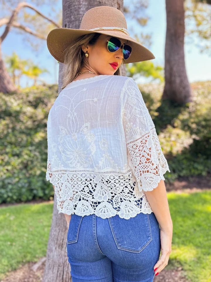 Boho Floral Lace Short Sleeve Crochet Button Cardigan