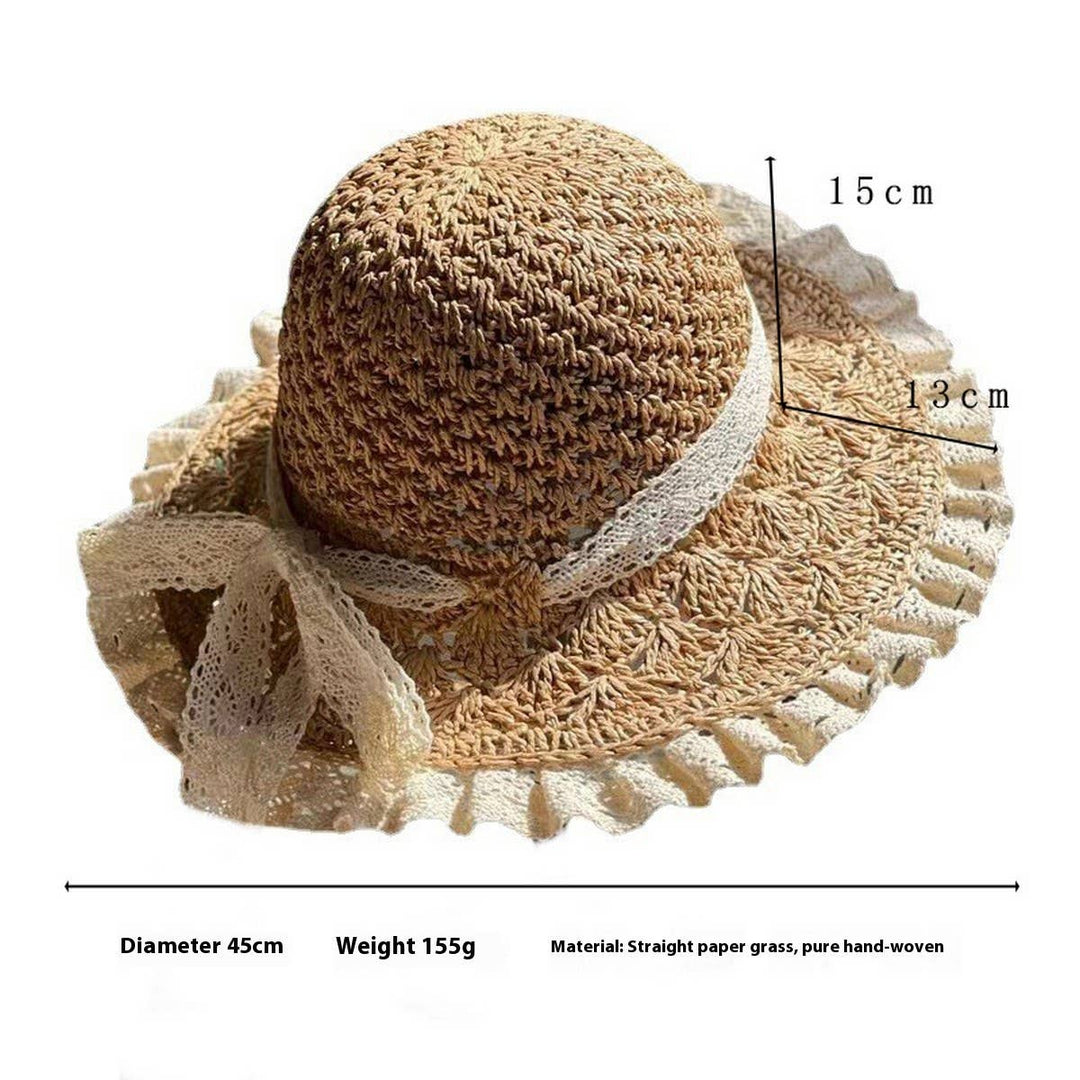 Lace Trim Sunshade Straw Hat with Bow
