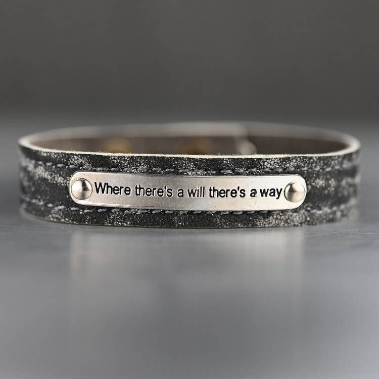 Black leather stacker cuff bracelet with brass plaque Where Theres a Will mantra