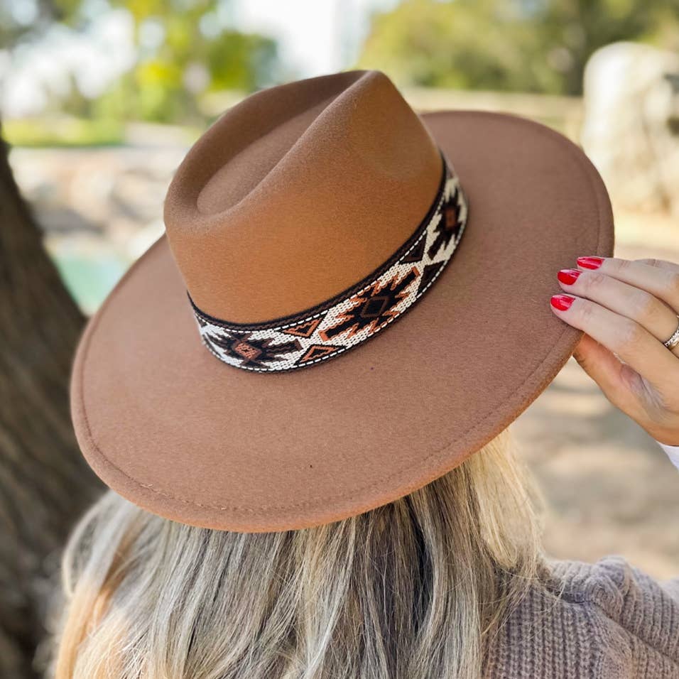 Camel Fedora with Aztec Print Ribbon in warm earth tones boho coastal style