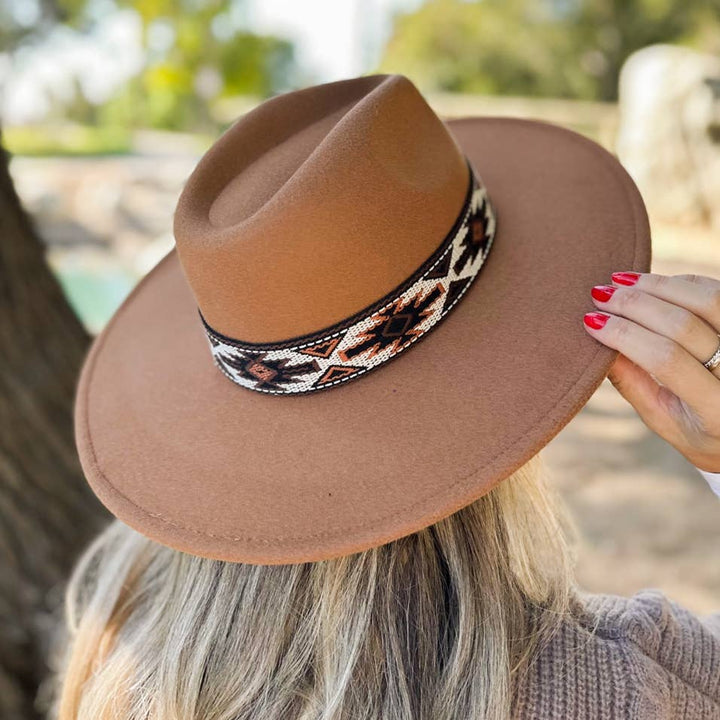 Camel Fedora with Aztec Print Ribbon in warm earth tones boho coastal style