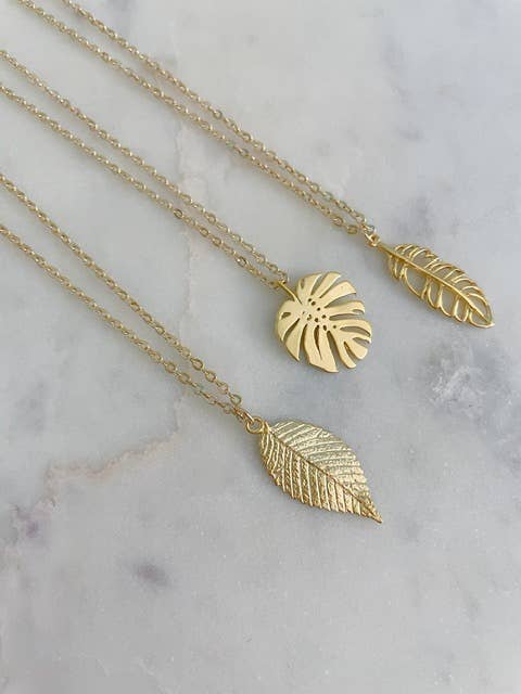 14k gold-filled leaf necklace with monstera banana or filigree leaf pendant