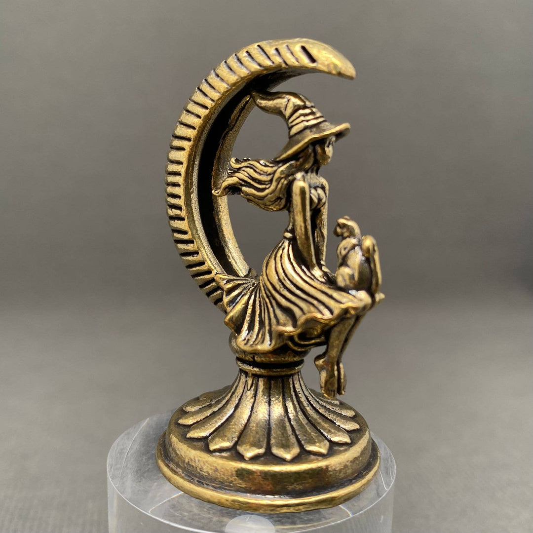 The Witch and Cat On The Moon Brass Desktop Ornament