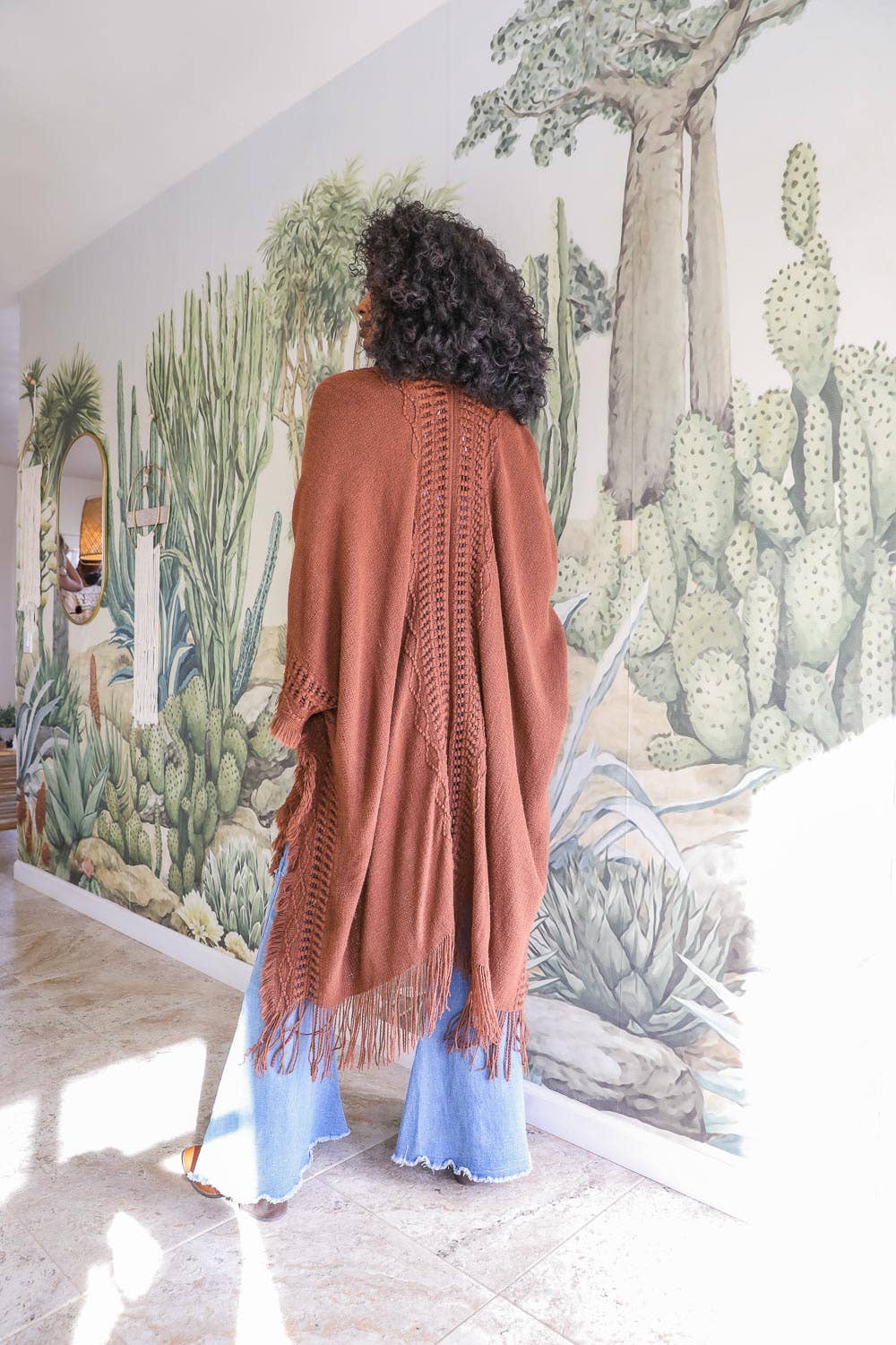 Frayed Border Bohemian Ruana Kimono Sweater