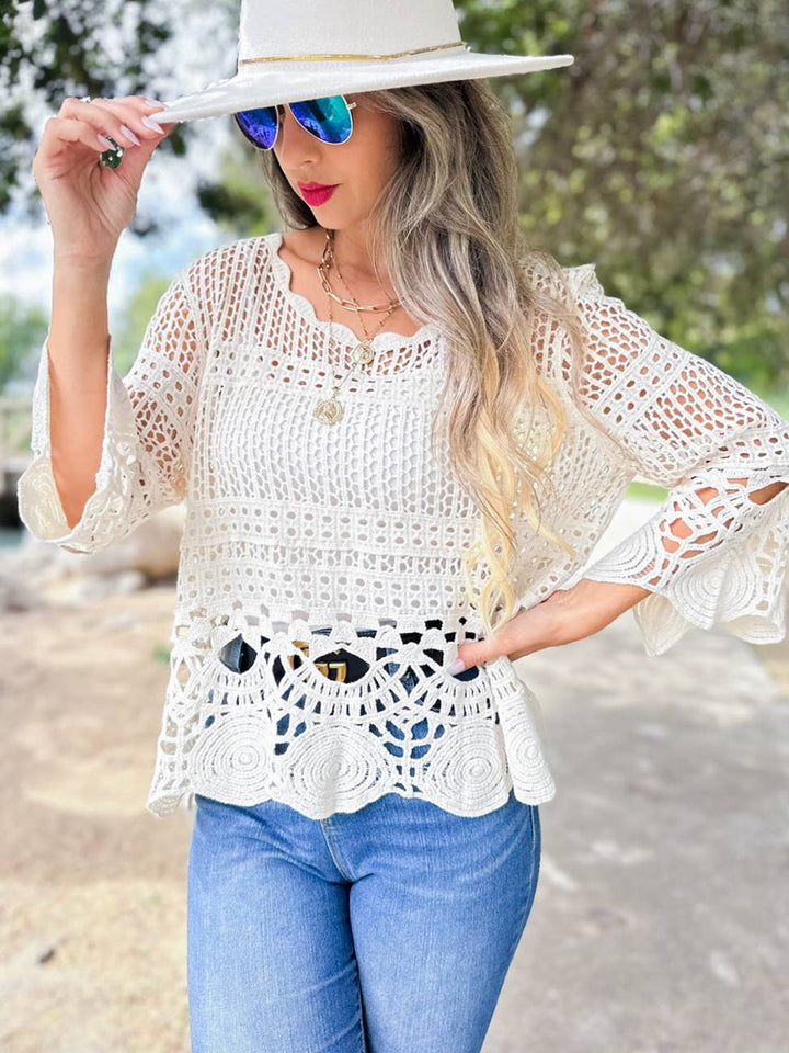 Unique Boho Scalloped Round Neck 3/4 Sleeve Crochet Top for coastal free spirits