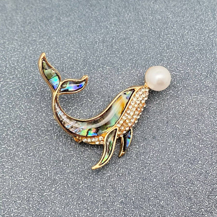 Abalone Shell Silver Tone Whale Brooch