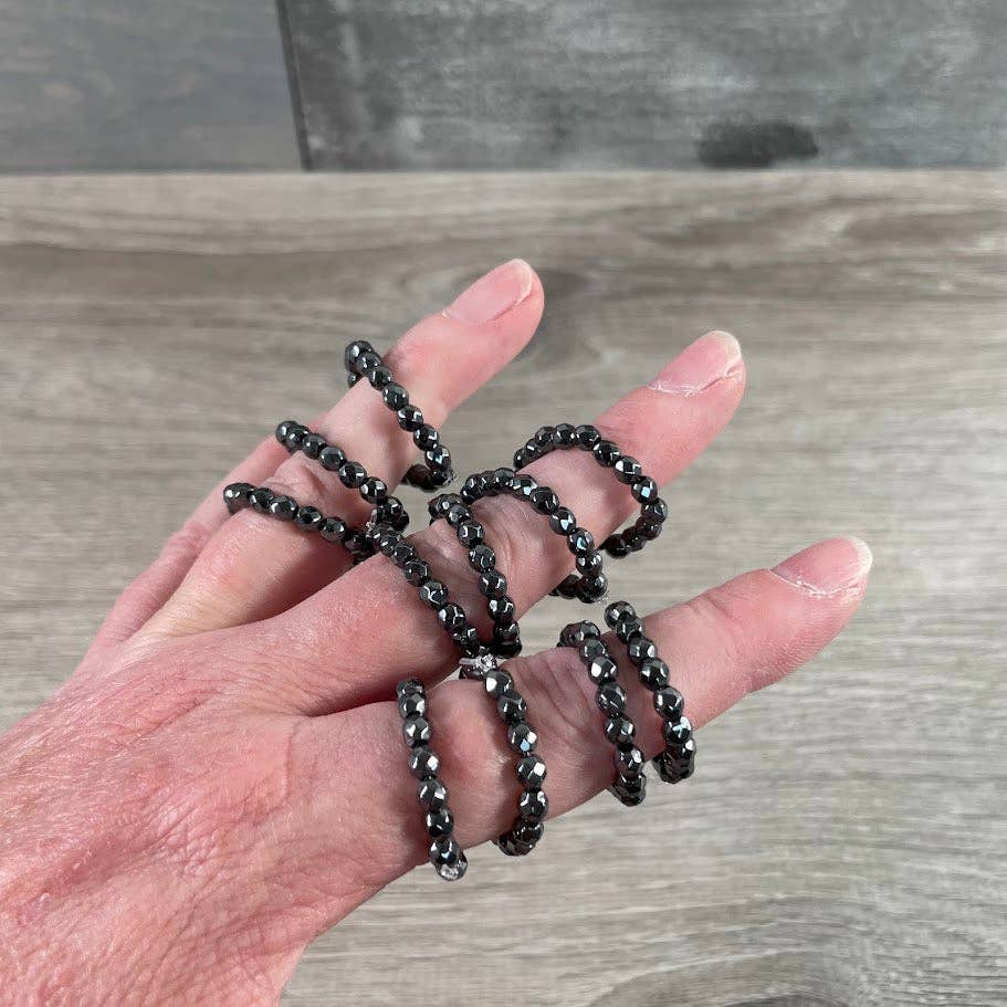 Hematite Stretch Ring grounding boho crystal jewelry from Anchored Soul coastal boutique