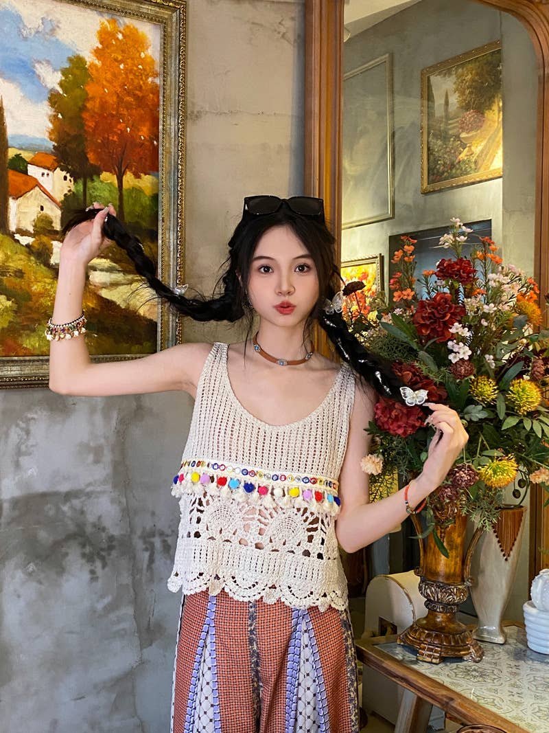 Boho Crochet Knit Fringe Tank Top Cover Up