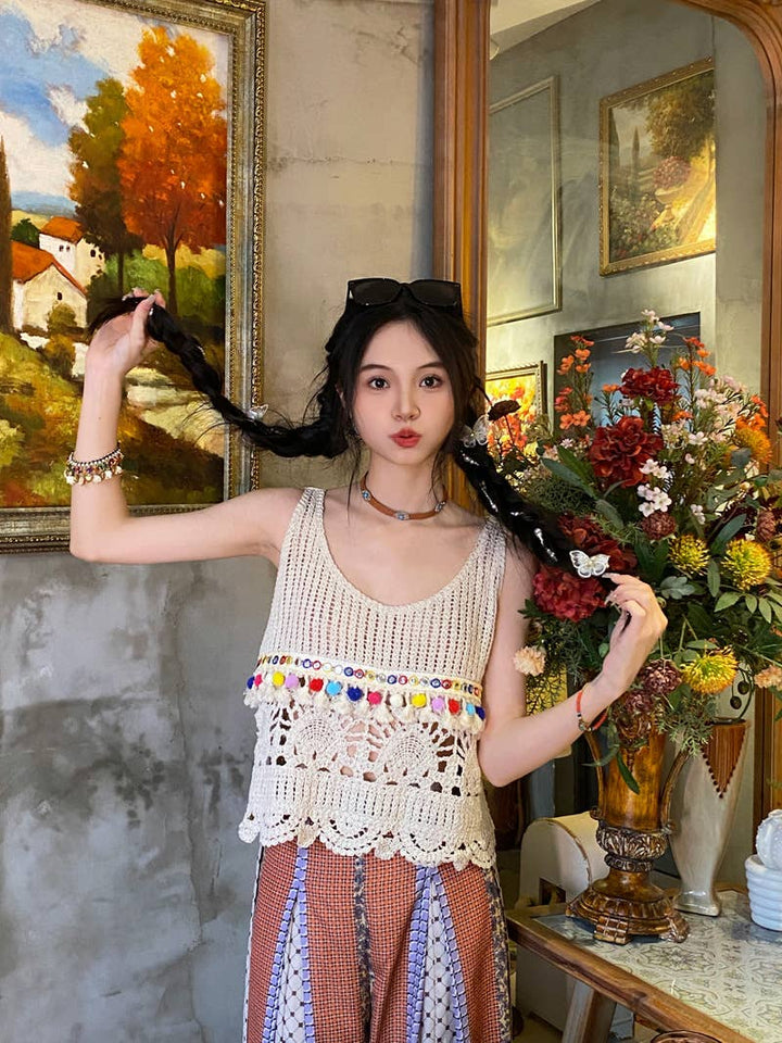 Boho Crochet Knit Fringe Tank Top Cover Up