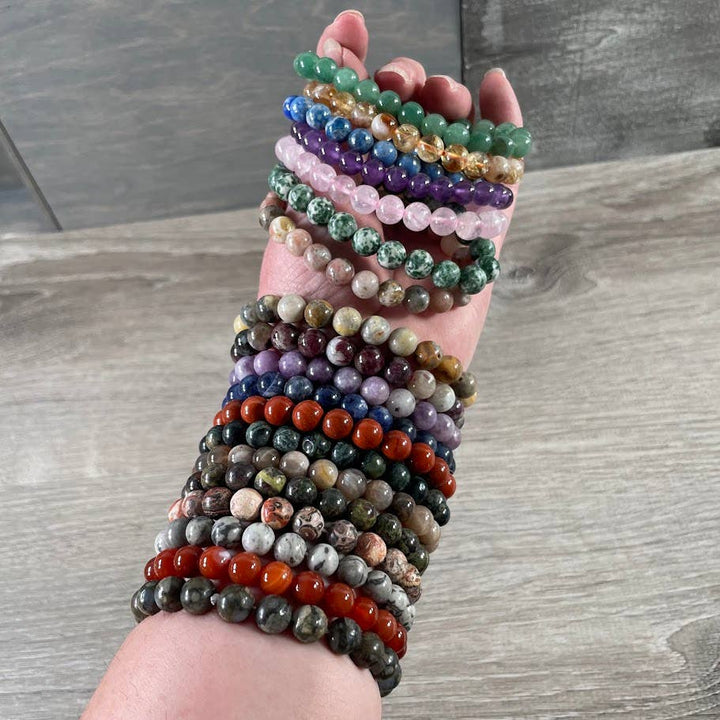 Healing Crystal Bracelets 8mm round beads in amethyst and rose quartz boho stackable stretch