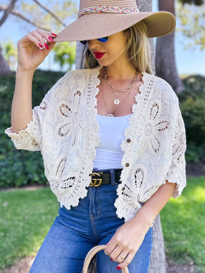 Floral Crochet Button Down Cardigan with Dolman Sleeves