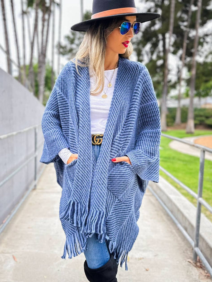 Navy chevron knitted ruana cardigan with tassel and pocket for coastal hippie style