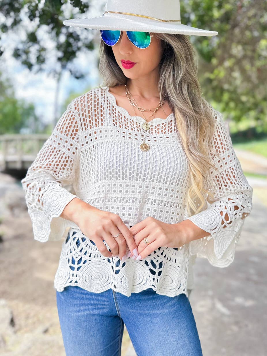 Boho scalloped round neck crochet top with open knit 3/4 sleeves coastal style