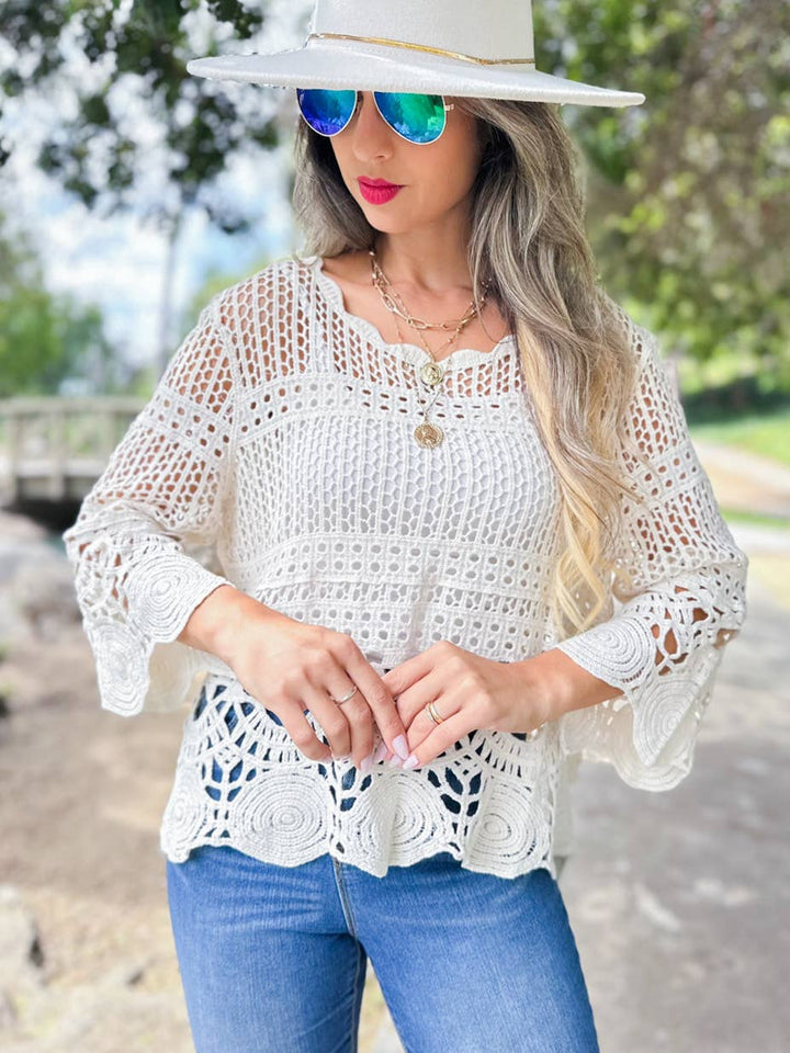 Boho scalloped round neck crochet top with open knit 3/4 sleeves coastal style