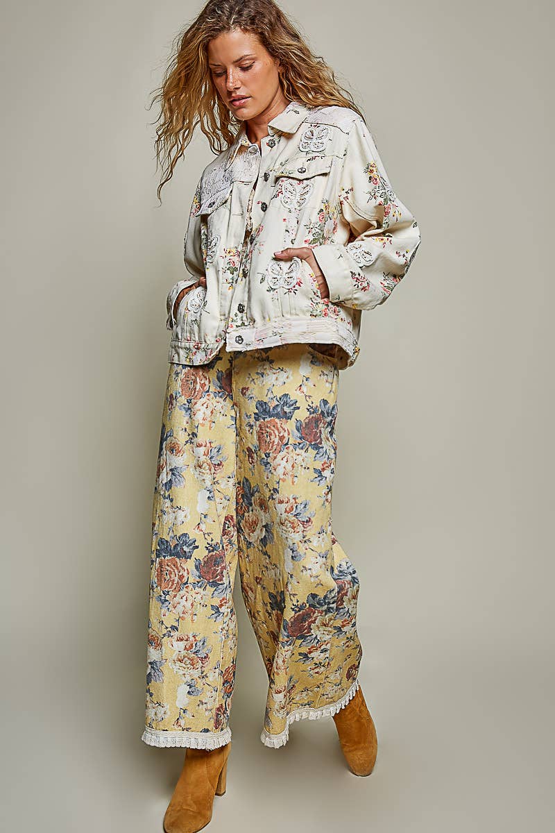 Floral Print Embroidered Collared Denim Jacket