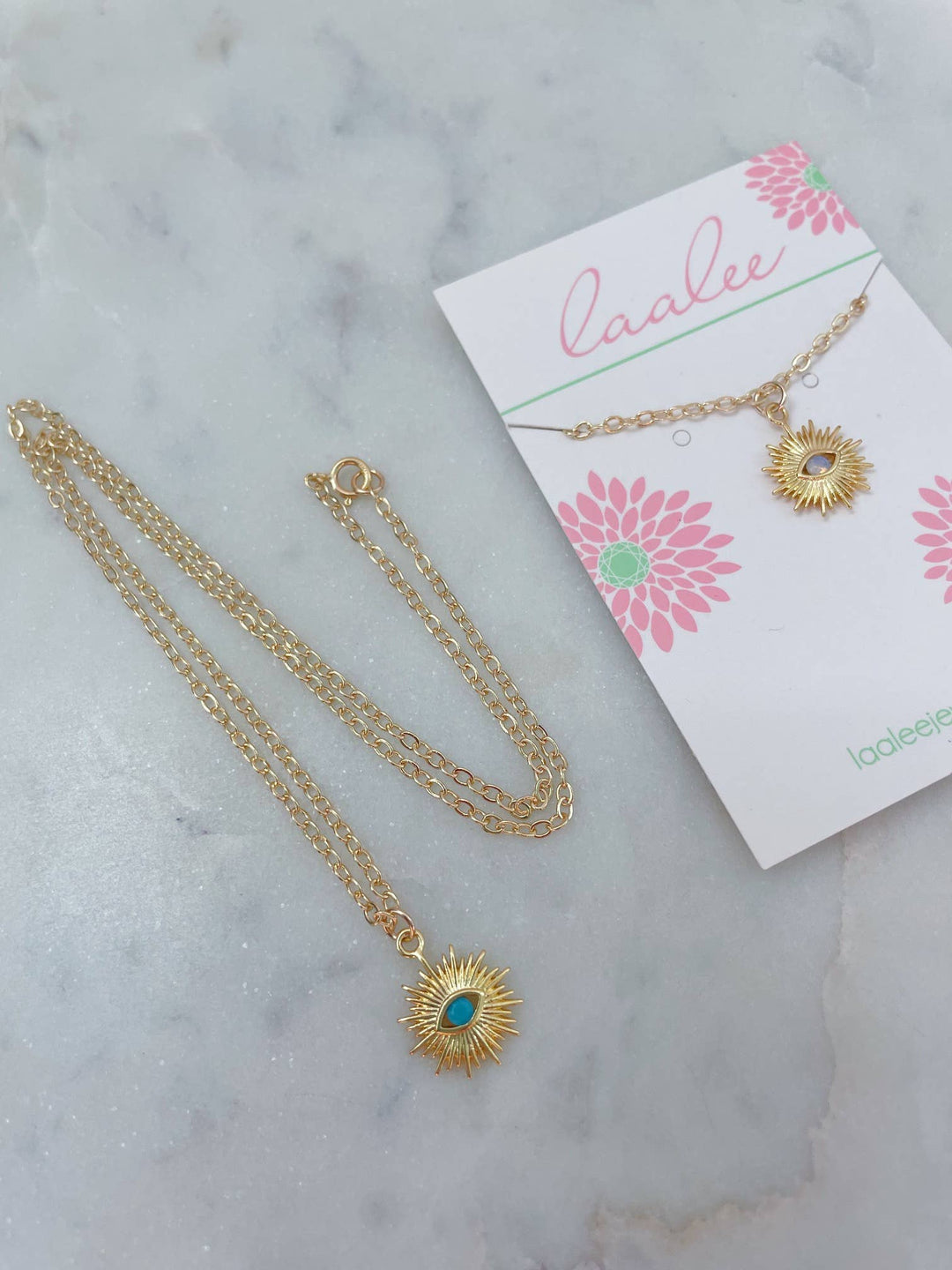 Gold Evil Eye Necklace in turquoise and 14k gold-filled coastal boho style