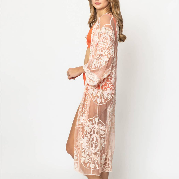 Floral Lace Kimono with Front Tie draped in breezy coastal boho style