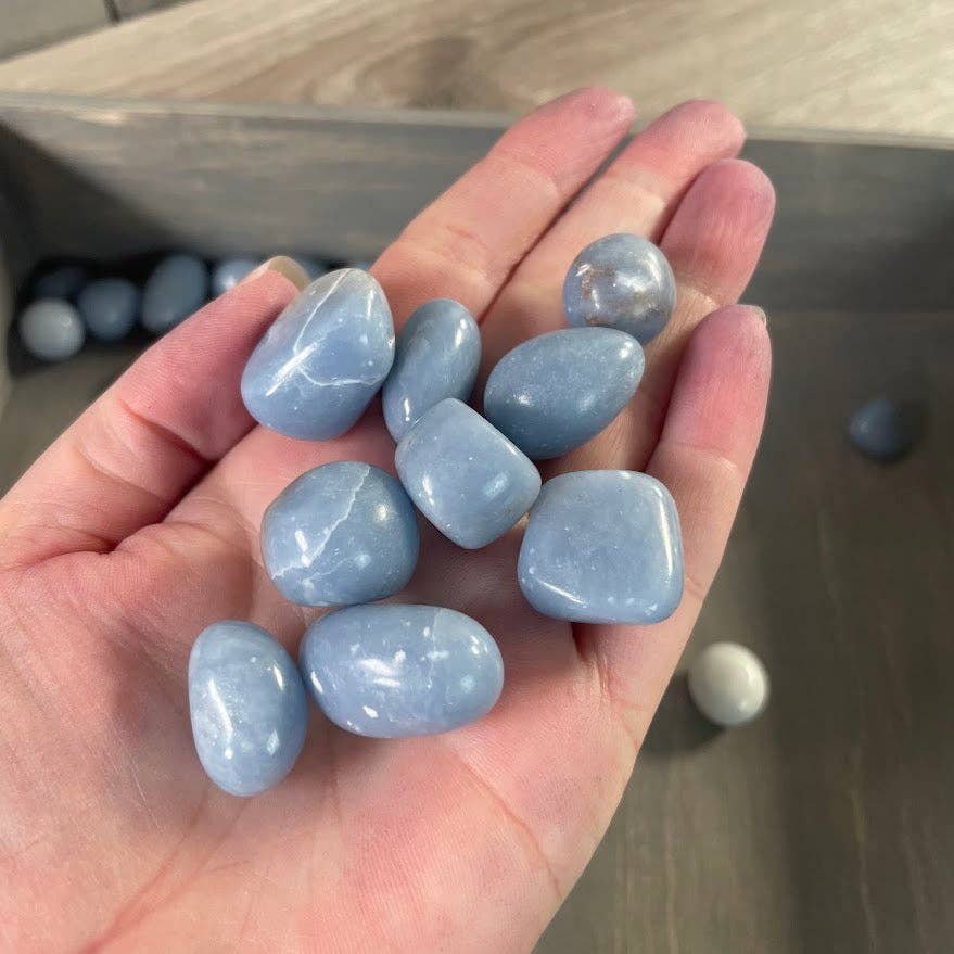 Soft blue Angelite tumbled stones bulk one pound for healing and meditation