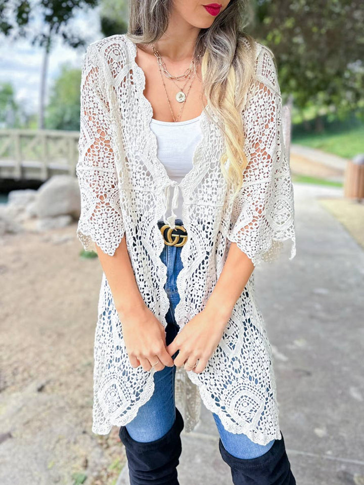 Boho open front high-low crochet cardigan perfect for breezy coastal layering