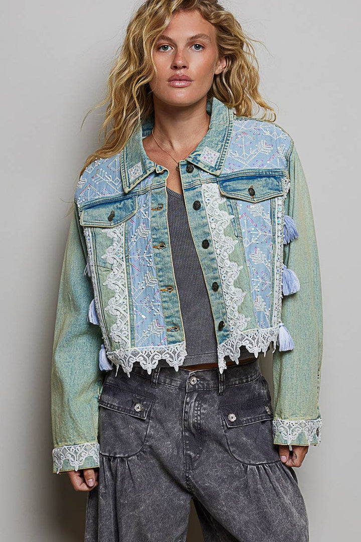Vintage Washed Metal Button Down Embroidered Denim Jacket