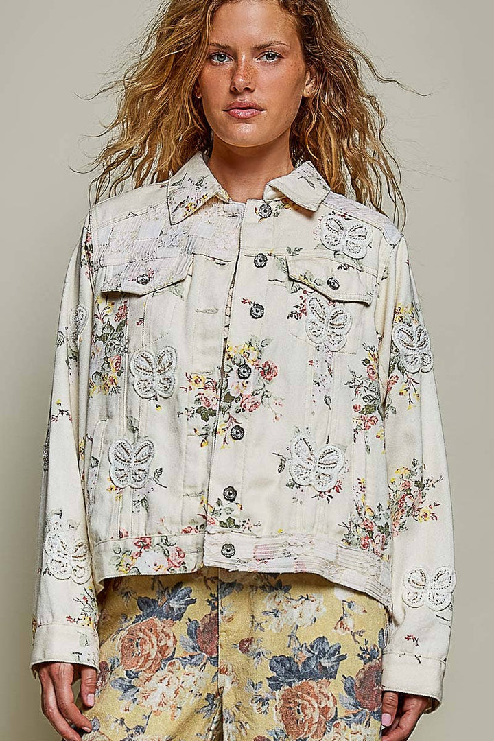 Floral Print Embroidered Collared Denim Jacket