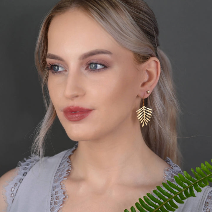 Simple Brass Fern Leaf Earrings handmade boho coastal nature inspired gold jewelry