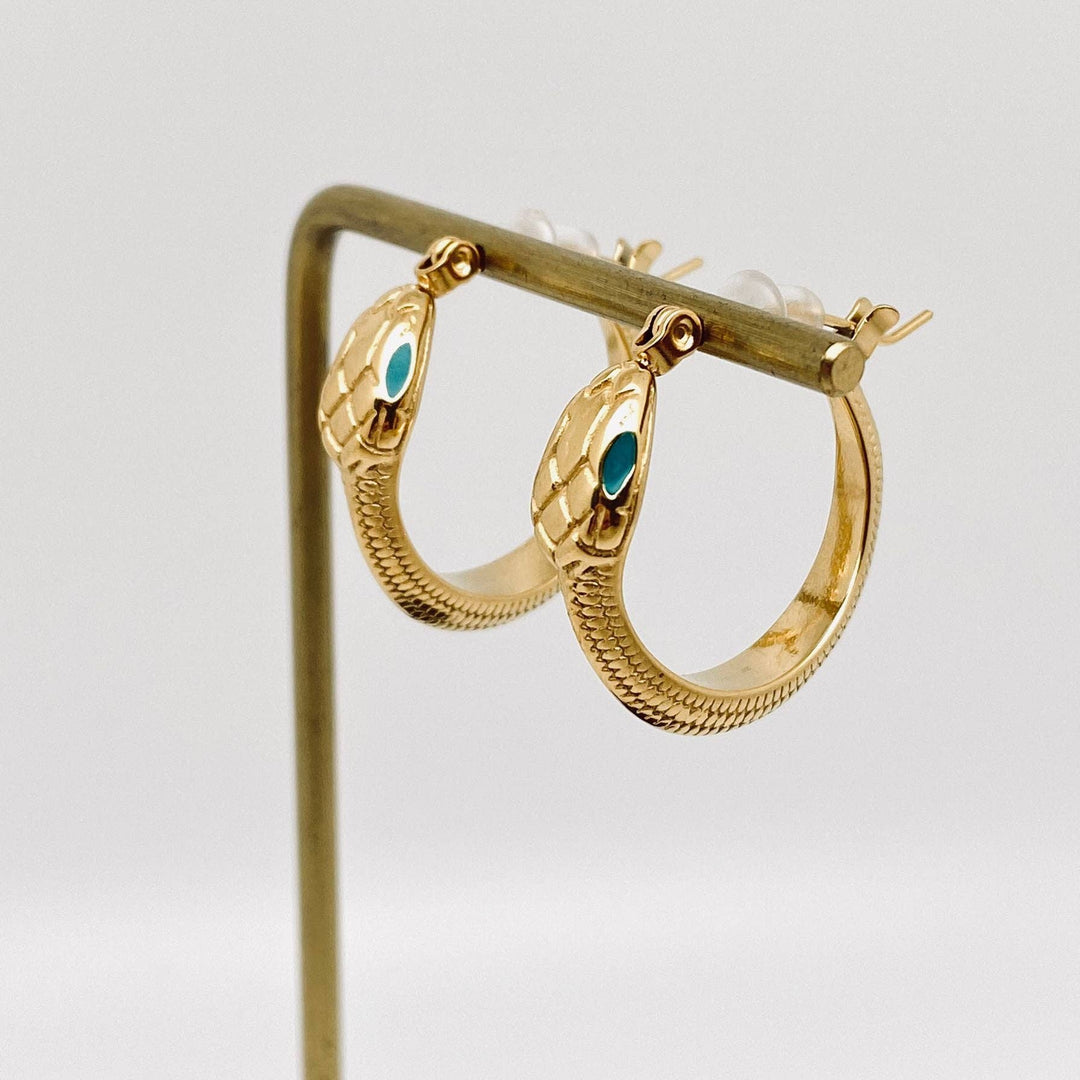 Enamel Green Eyes Snake 18K Gold Plated Hoop Earrings for coastal boho style