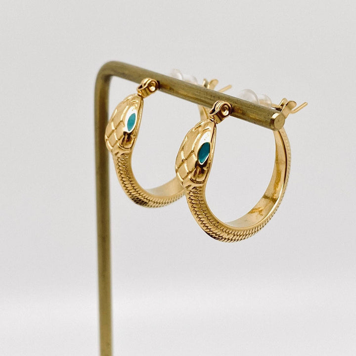 Enamel Green Eyes Snake 18K Gold Plated Hoop Earrings for coastal boho style