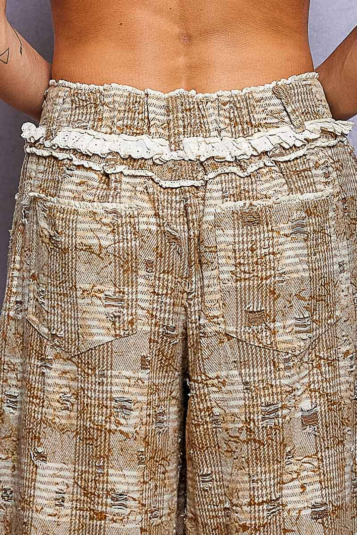 Vintage Distressed Plaid Ruffle Hem High Rise Wide Leg Pants