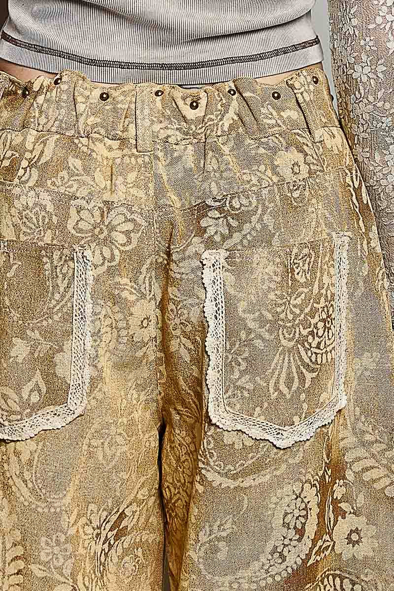 Floral Vintage Washed Raw Edge Elastic Waist Pants